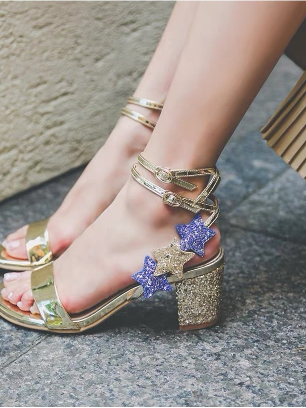 Gold Glitter Block Heel Sandals with Purple Star Embellishments